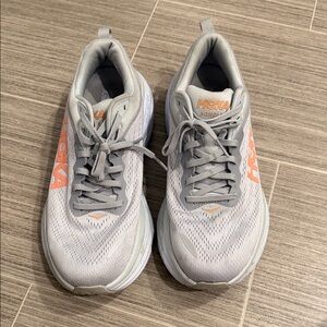 Hoka Bondi 8 Light Gray and Coral Orange Tennis Shoes or Sneakers
